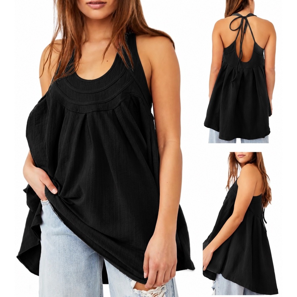 Free People Black Sleeveless Tie-Back Swing Tank Top